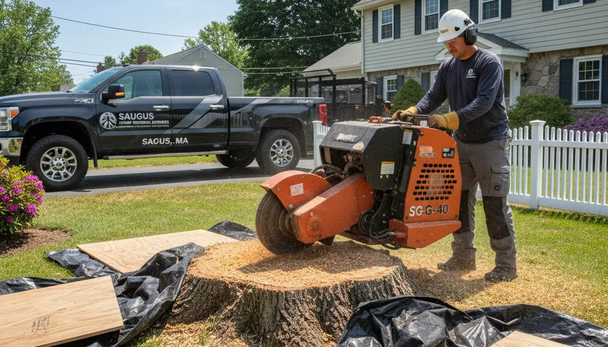 Professional stump grinding equipment for shrub removal in Saugus, MA landscaping projects