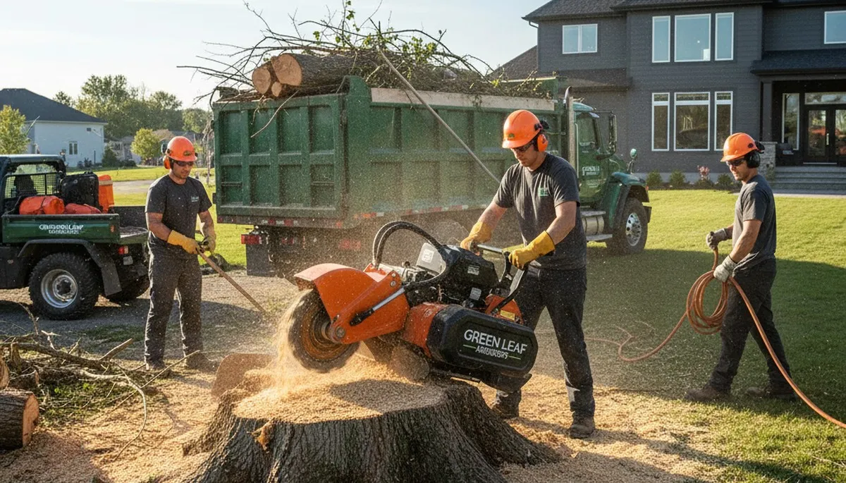 Arborist performing professional stump removal in a residential yard in Saugus, MA