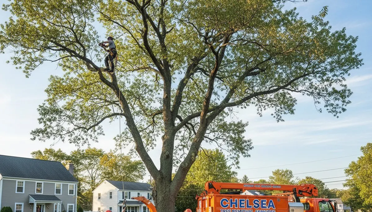 Professional tree removal service in Saugus MA clearing large oak tree safely