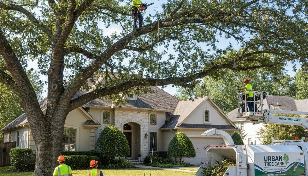 Arborist trimming residential oak tree in Saugus, MA for Chop Chop Tree professional tree service