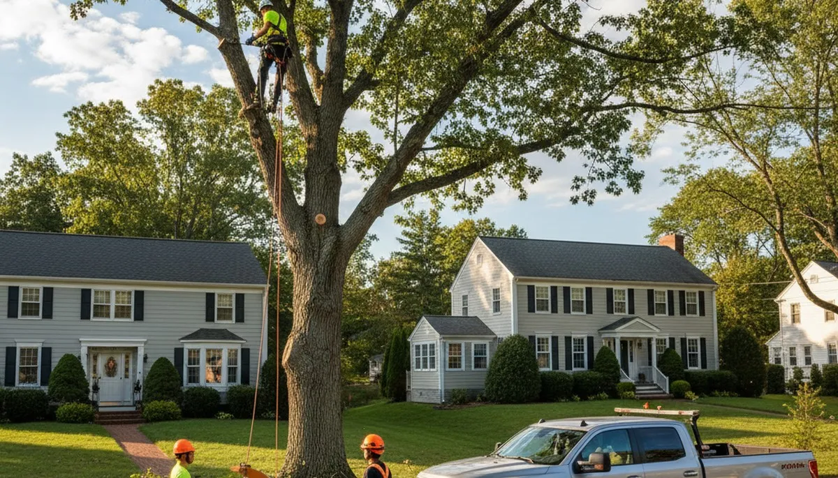 Professional tree removal service in Saugus MA safely cutting and clearing large oak tree