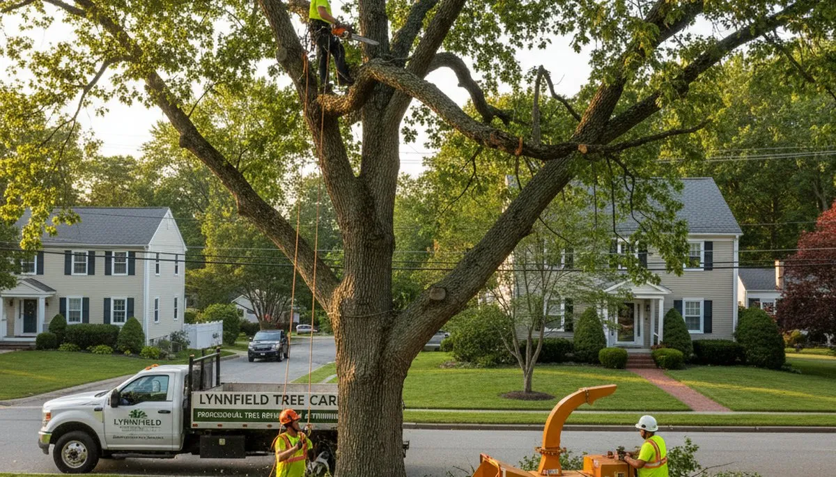 Professional tree removal service in Saugus, MA safely cutting and clearing large backyard trees