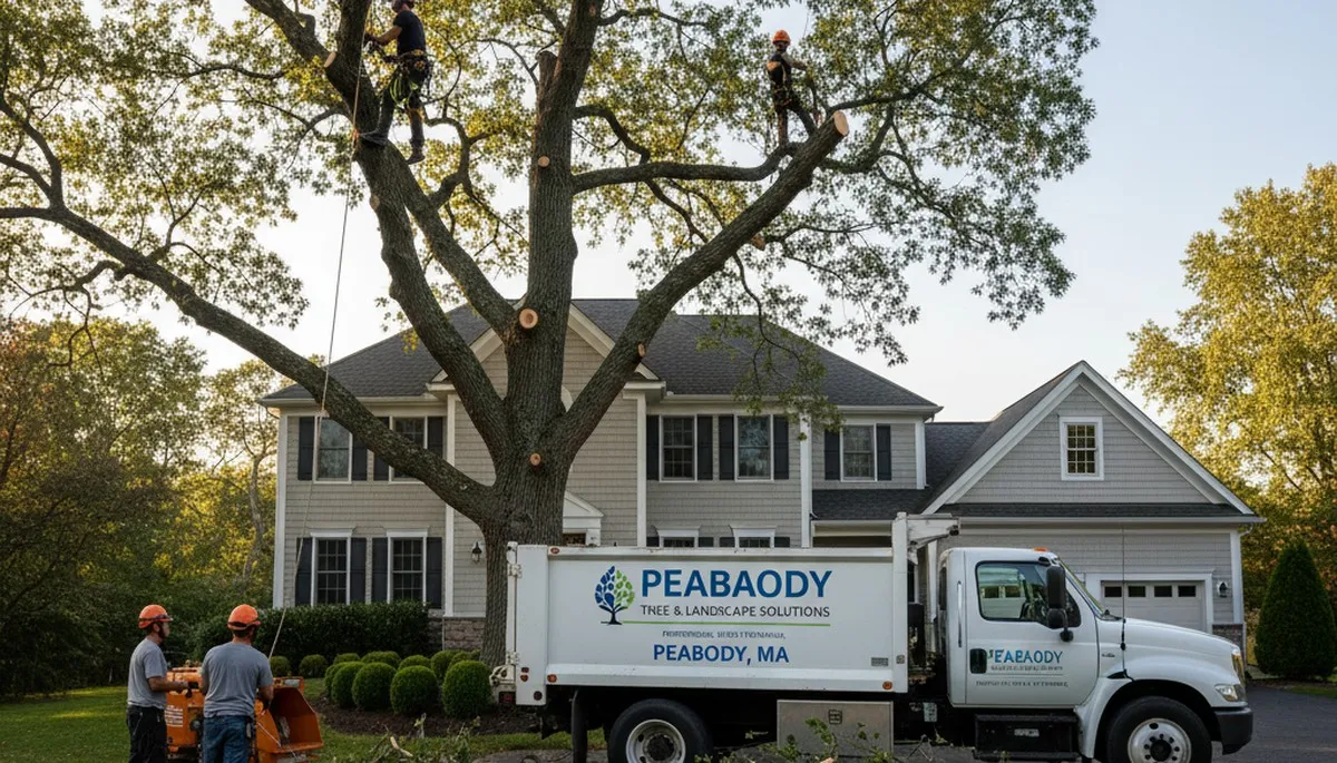 Professional tree removal service in Saugus MA safely cutting large oak near residential property