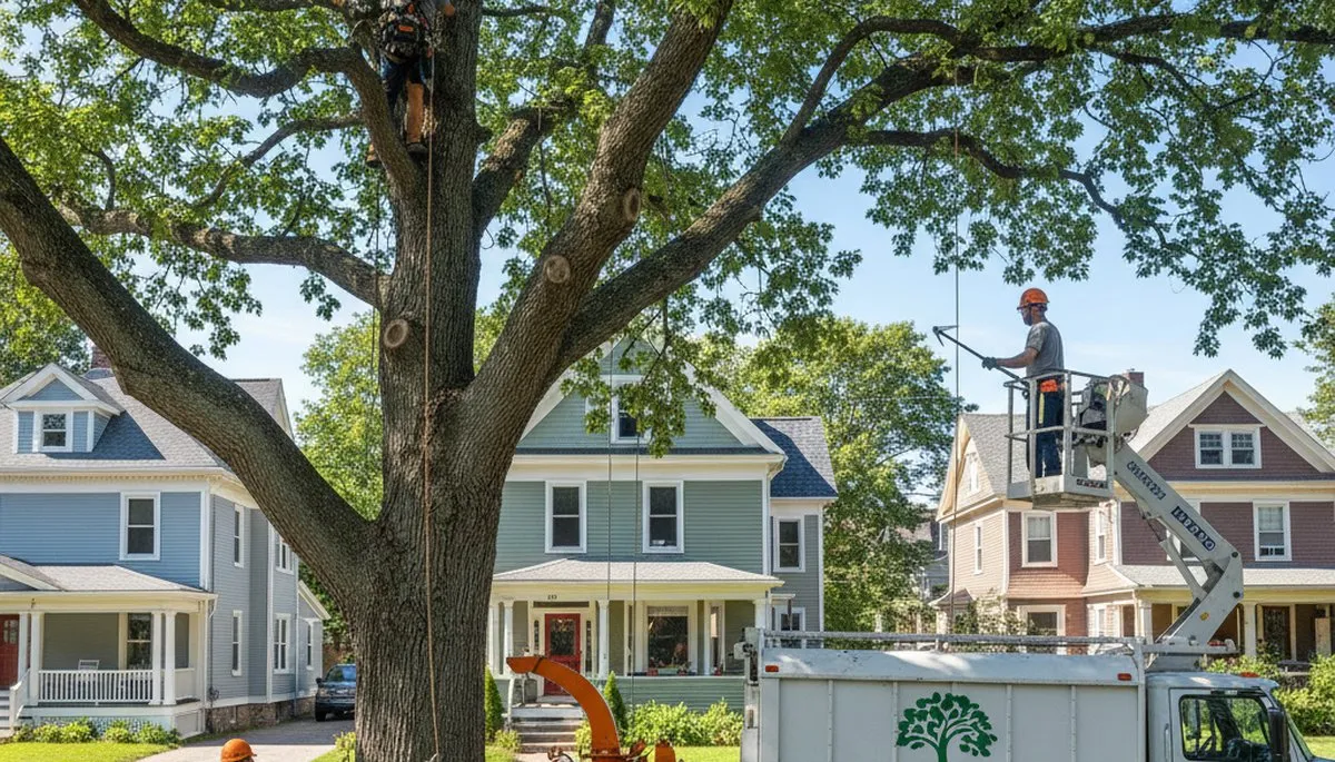 Professional tree removal service in Saugus MA safely cutting down large oak tree