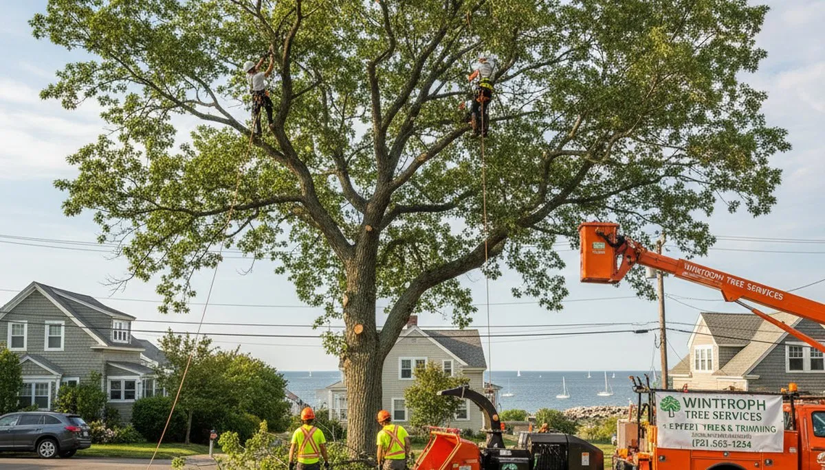 Professional tree removal service team working in Saugus MA yard safely cutting large oak tree